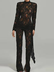 High Neck Long Sleeve Floral Lace Draped Folds Nightclub Wear Jumpsuit Mssza