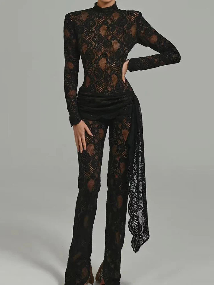 High Neck Long Sleeve Floral Lace Draped Folds Nightclub Wear Jumpsuit Mssza