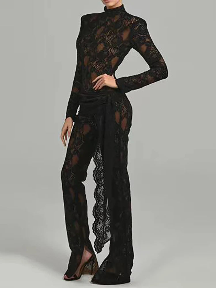 High Neck Long Sleeve Floral Lace Draped Folds Nightclub Wear Jumpsuit Mssza