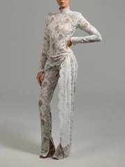 High Neck Long Sleeve Floral Lace Draped Folds Nightclub Wear Jumpsuit Mssza