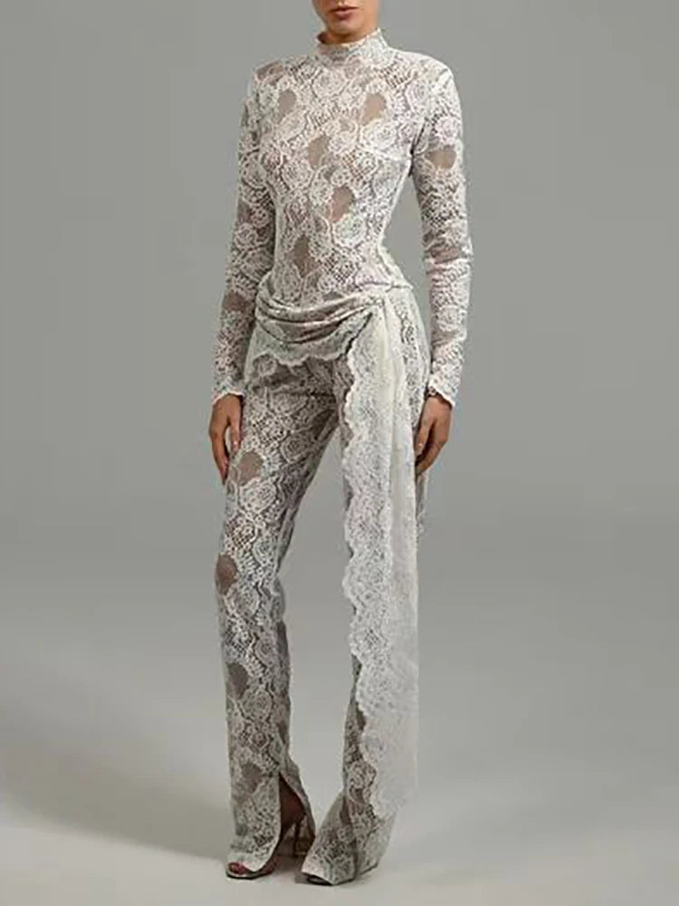 High Neck Long Sleeve Floral Lace Draped Folds Nightclub Wear Jumpsuit Mssza