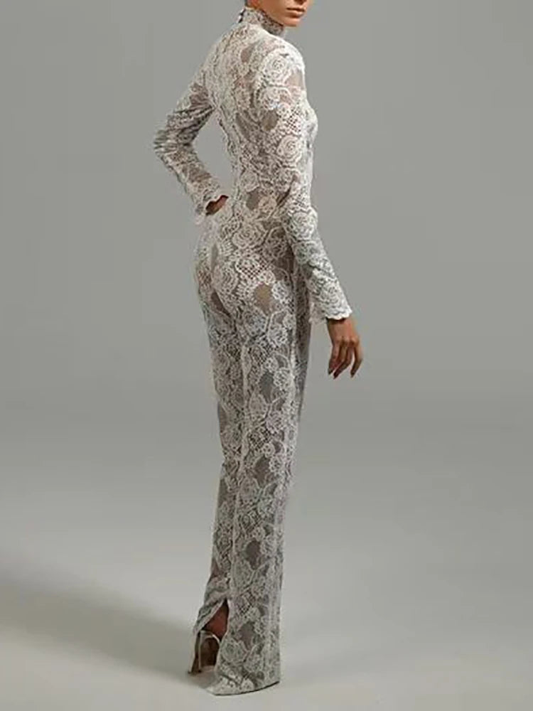 High Neck Long Sleeve Floral Lace Draped Folds Nightclub Wear Jumpsuit Mssza