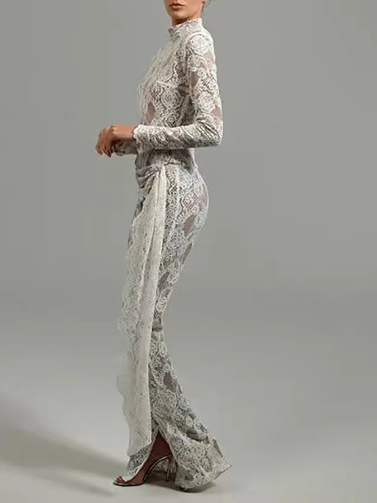 High Neck Long Sleeve Floral Lace Draped Folds Nightclub Wear Jumpsuit Mssza