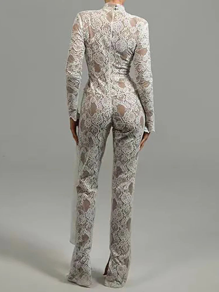 High Neck Long Sleeve Floral Lace Draped Folds Nightclub Wear Jumpsuit Mssza