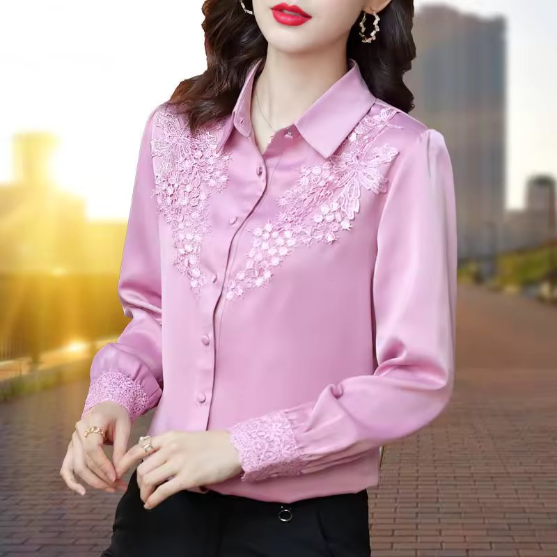 High Quality Satin Embroidery Elegant Chic Long Sleeve Top Blouse Mssza