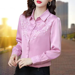 High Quality Satin Embroidery Elegant Chic Long Sleeve Top Blouse Mssza