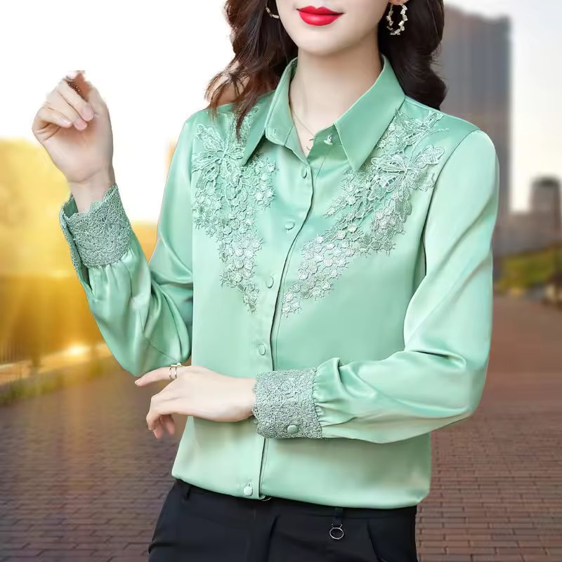 High Quality Satin Embroidery Elegant Chic Long Sleeve Top Blouse Mssza