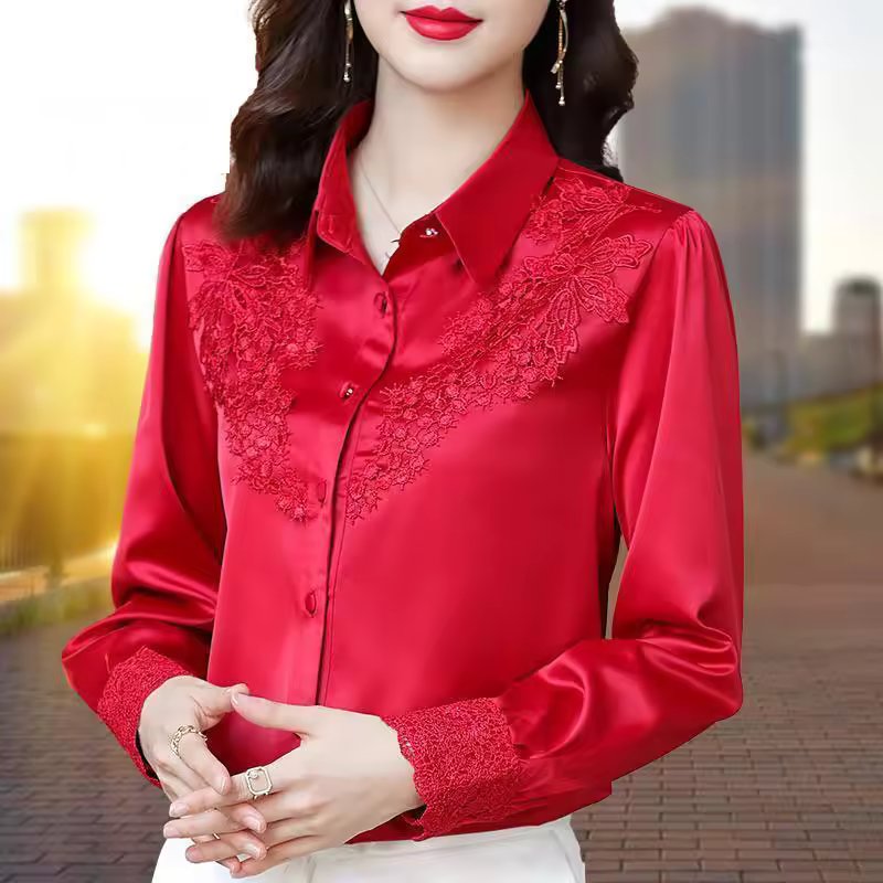 High Quality Satin Embroidery Elegant Chic Long Sleeve Top Blouse Mssza