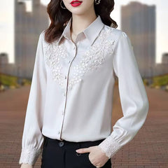 High Quality Satin Embroidery Elegant Chic Long Sleeve Top Blouse Mssza
