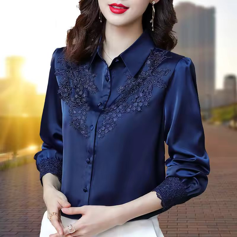 High Quality Satin Embroidery Elegant Chic Long Sleeve Top Blouse Mssza
