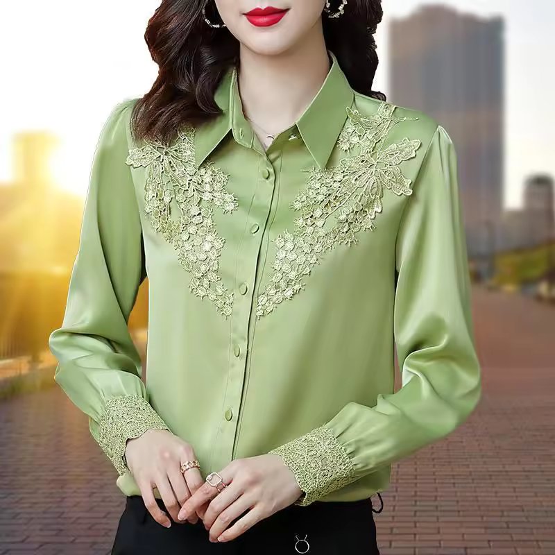 High Quality Satin Embroidery Elegant Chic Long Sleeve Top Blouse Mssza