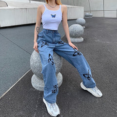 High Waist Baggy Casual Butterfly Printed Denim Jeans Mssza