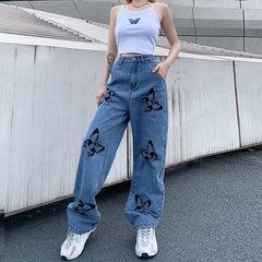 High Waist Baggy Casual Butterfly Printed Denim Jeans Mssza