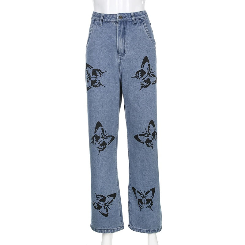 High Waist Baggy Casual Butterfly Printed Denim Jeans Mssza