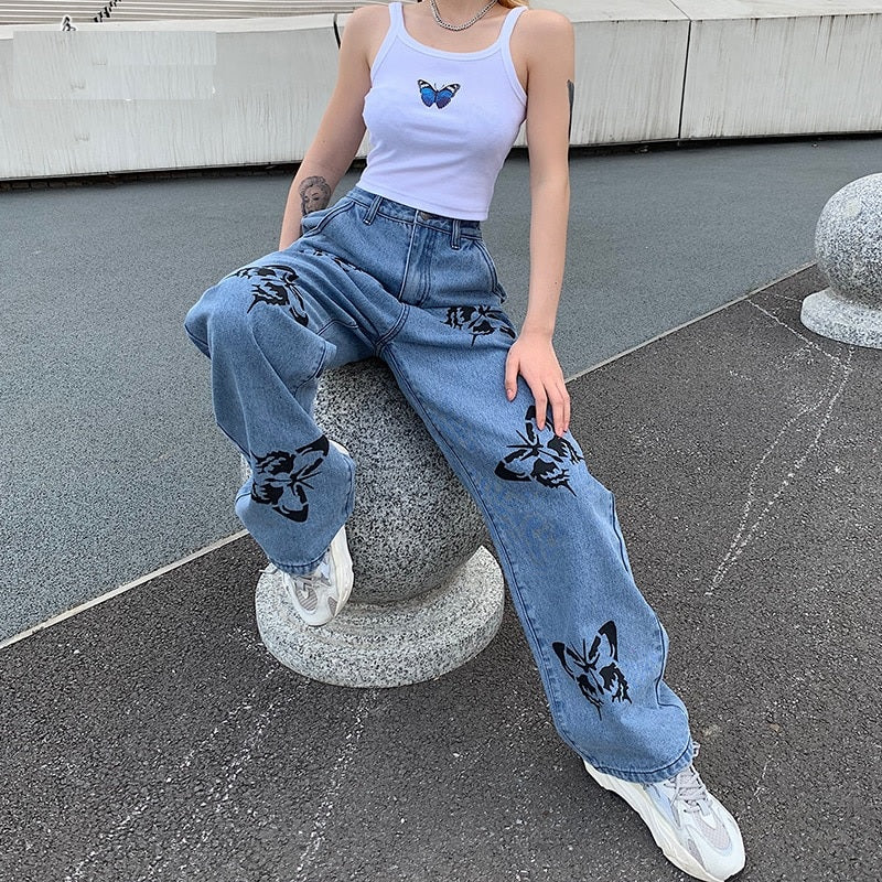 High Waist Baggy Casual Butterfly Printed Denim Jeans Mssza