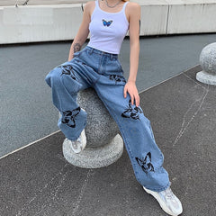 High Waist Baggy Casual Butterfly Printed Denim Jeans Mssza