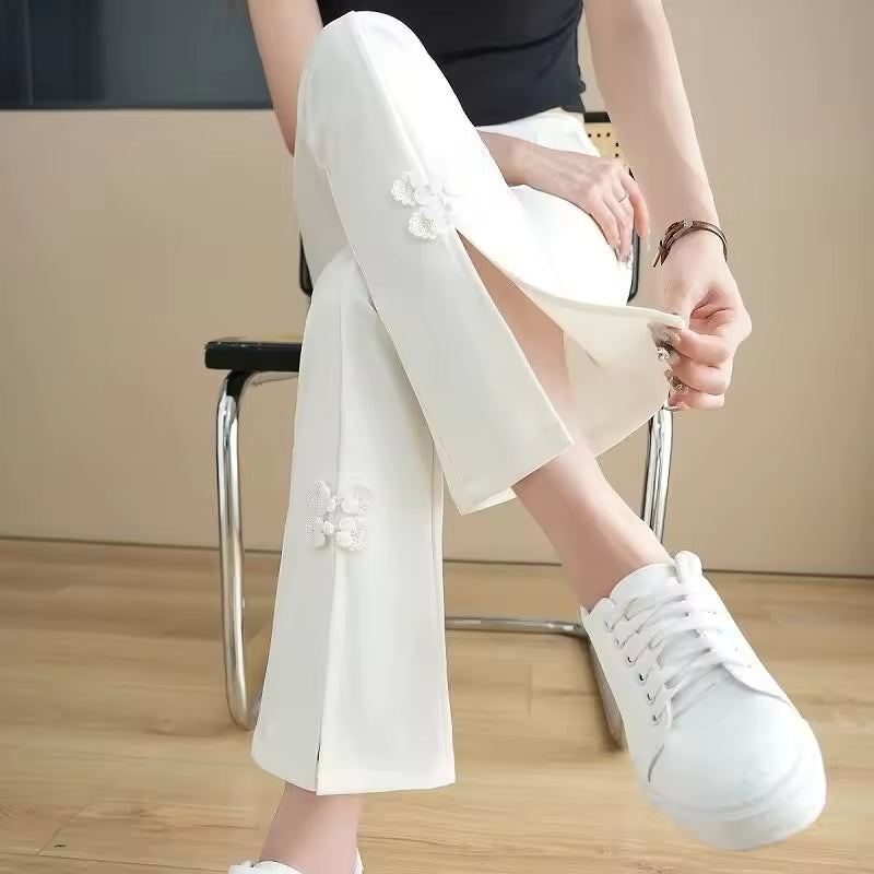 High Waist Drape Split Design Disc Buckle Bell-bottoms Sweatpants Mssza