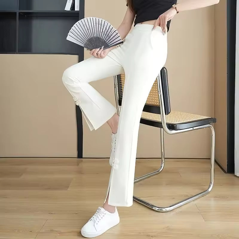 High Waist Drape Split Design Disc Buckle Bell-bottoms Sweatpants Mssza