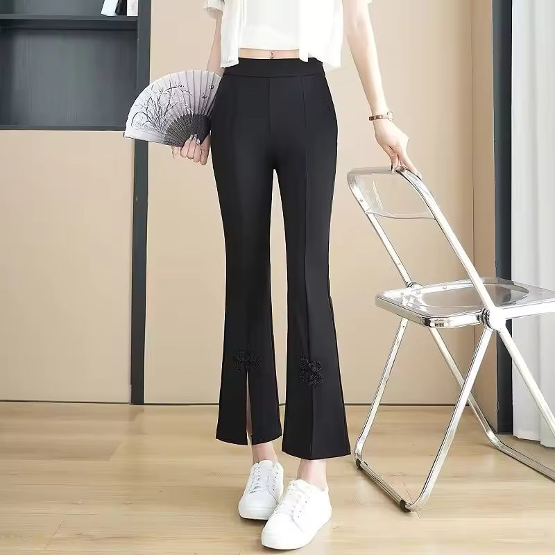 High Waist Drape Split Design Disc Buckle Bell-bottoms Sweatpants Mssza