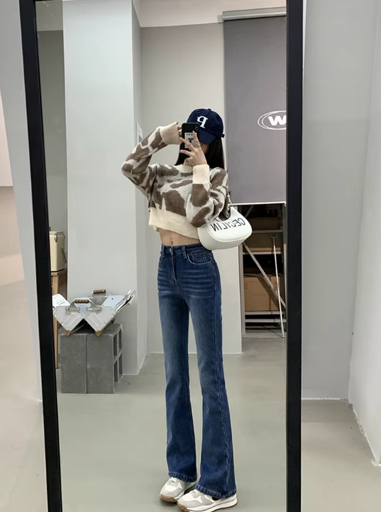 Casual High Waist Elastic Skinny Velvet Plus Length Slim Thicken Fleece Flared Jeans Mssza