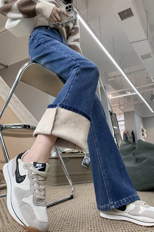 Casual High Waist Elastic Skinny Velvet Plus Length Slim Thicken Fleece Flared Jeans Mssza
