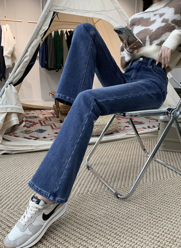 Casual High Waist Elastic Skinny Velvet Plus Length Slim Thicken Fleece Flared Jeans Mssza