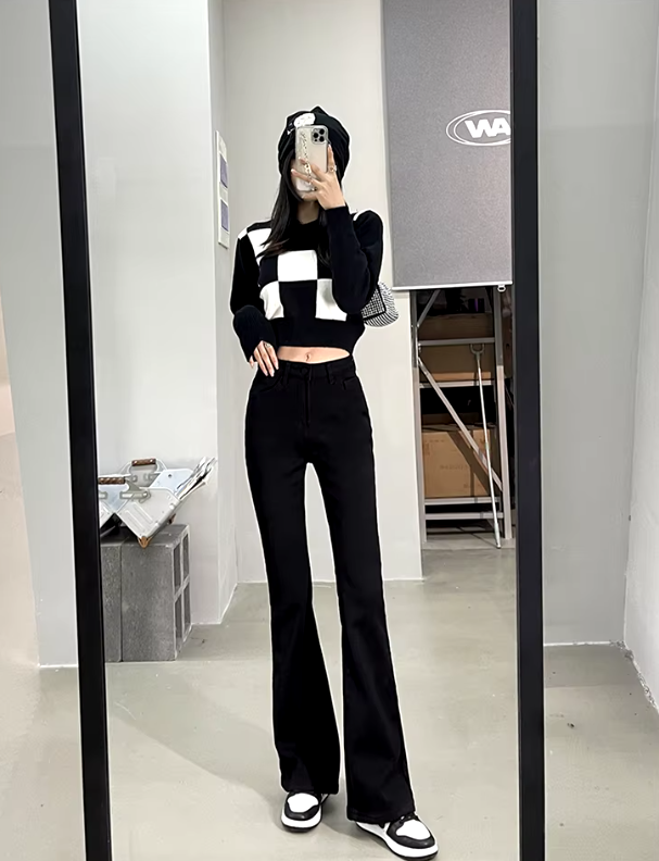 Casual High Waist Elastic Skinny Velvet Plus Length Slim Thicken Fleece Flared Jeans Mssza