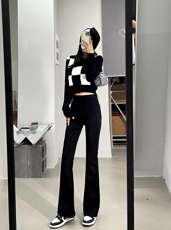 Casual High Waist Elastic Skinny Velvet Plus Length Slim Thicken Fleece Flared Jeans Mssza