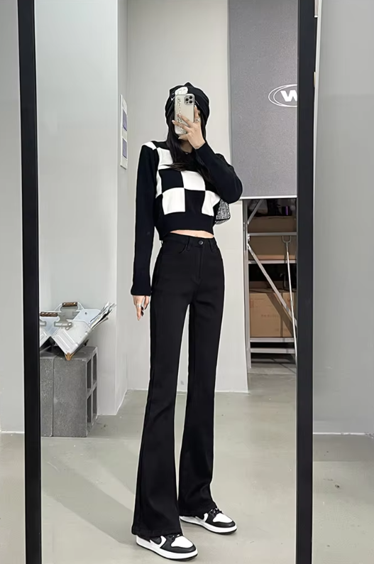 Casual High Waist Elastic Skinny Velvet Plus Length Slim Thicken Fleece Flared Jeans Mssza