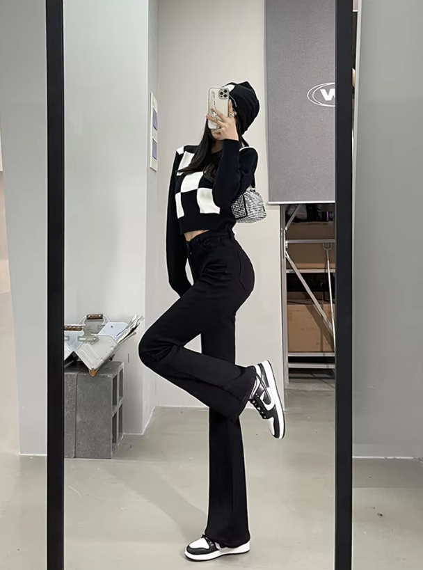 Casual High Waist Elastic Skinny Velvet Plus Length Slim Thicken Fleece Flared Jeans Mssza