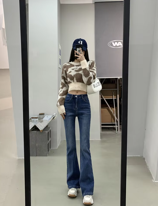 Casual High Waist Elastic Skinny Velvet Plus Length Slim Thicken Fleece Flared Jeans Mssza