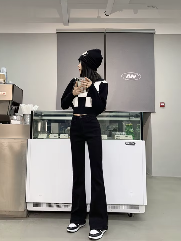 Casual High Waist Elastic Skinny Velvet Plus Length Slim Thicken Fleece Flared Jeans Mssza
