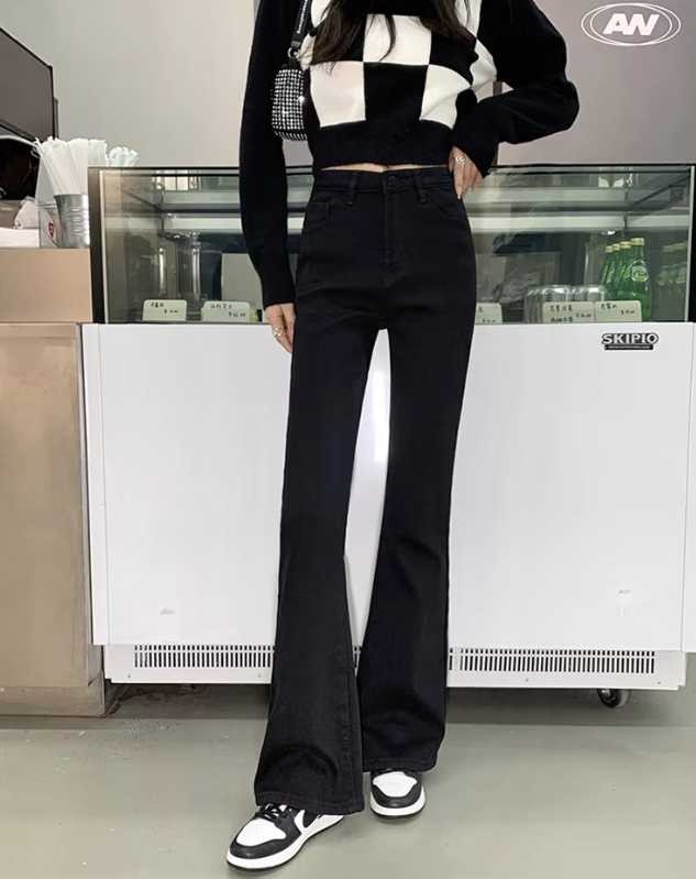 Casual High Waist Elastic Skinny Velvet Plus Length Slim Thicken Fleece Flared Jeans Mssza