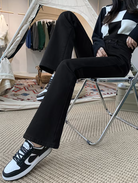 Casual High Waist Elastic Skinny Velvet Plus Length Slim Thicken Fleece Flared Jeans Mssza