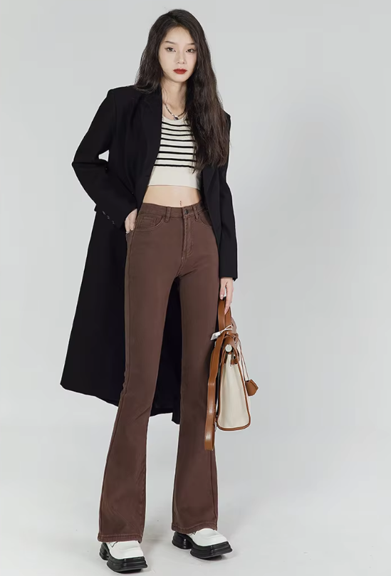 Casual High Waist Elastic Skinny Velvet Plus Length Slim Thicken Fleece Flared Jeans Mssza