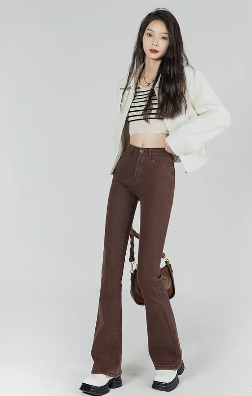 Casual High Waist Elastic Skinny Velvet Plus Length Slim Thicken Fleece Flared Jeans Mssza