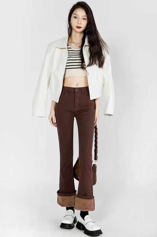 Casual High Waist Elastic Skinny Velvet Plus Length Slim Thicken Fleece Flared Jeans Mssza