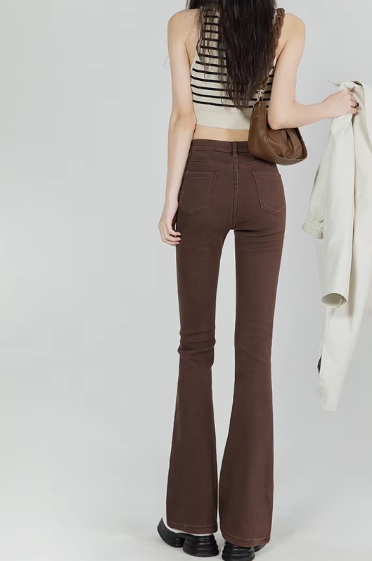 Casual High Waist Elastic Skinny Velvet Plus Length Slim Thicken Fleece Flared Jeans Mssza