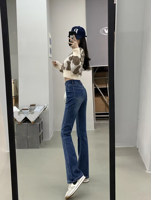 Casual High Waist Elastic Skinny Velvet Plus Length Slim Thicken Fleece Flared Jeans Mssza