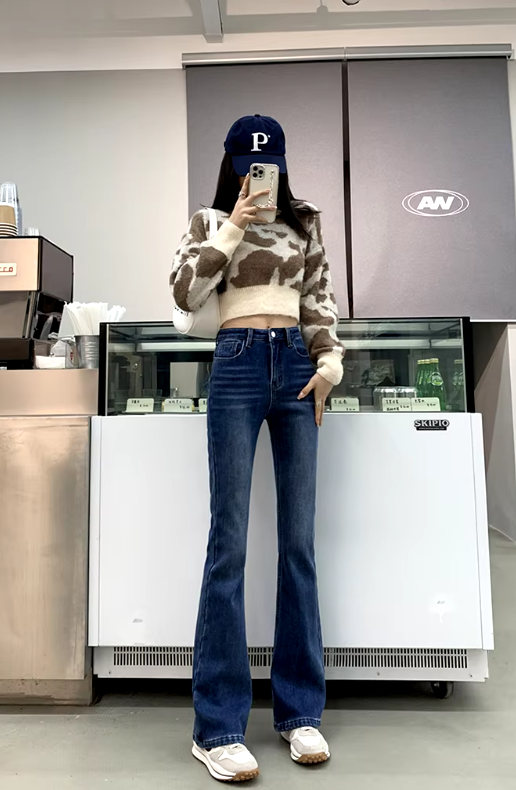Casual High Waist Elastic Skinny Velvet Plus Length Slim Thicken Fleece Flared Jeans Mssza