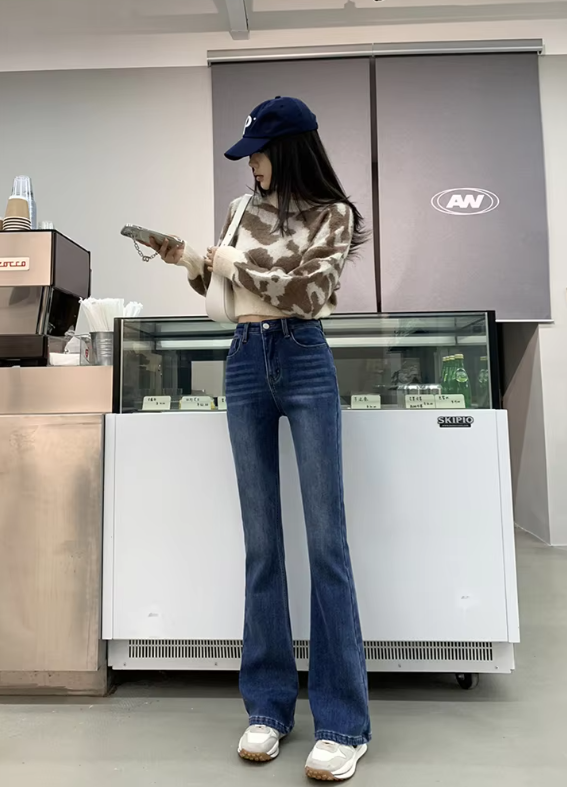 Casual High Waist Elastic Skinny Velvet Plus Length Slim Thicken Fleece Flared Jeans Mssza
