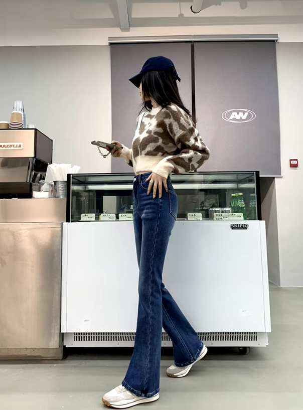 Casual High Waist Elastic Skinny Velvet Plus Length Slim Thicken Fleece Flared Jeans Mssza