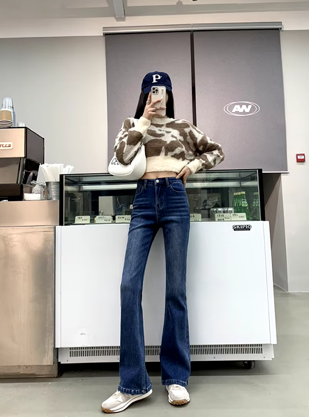 Casual High Waist Elastic Skinny Velvet Plus Length Slim Thicken Fleece Flared Jeans Mssza