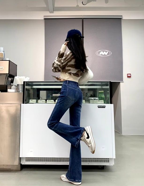 Casual High Waist Elastic Skinny Velvet Plus Length Slim Thicken Fleece Flared Jeans Mssza