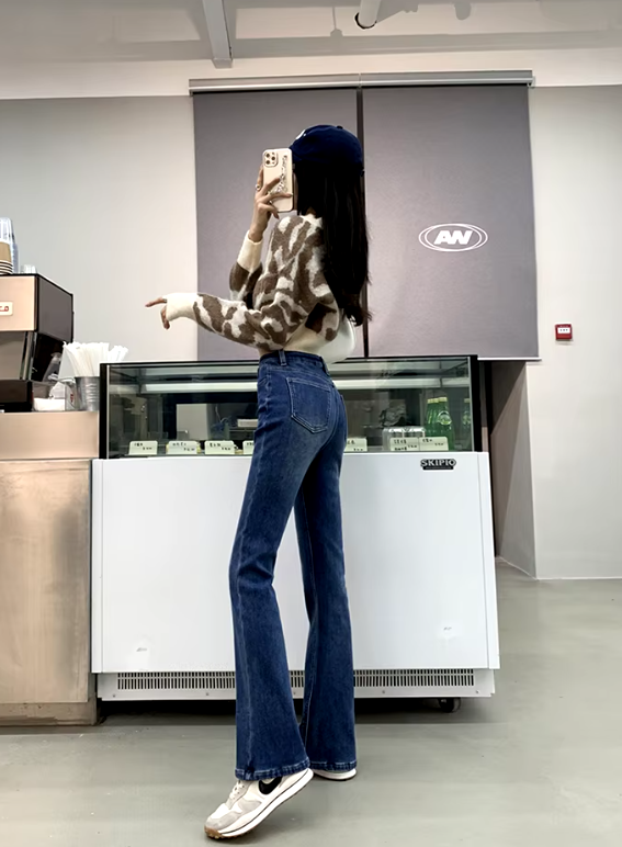 Casual High Waist Elastic Skinny Velvet Plus Length Slim Thicken Fleece Flared Jeans Mssza
