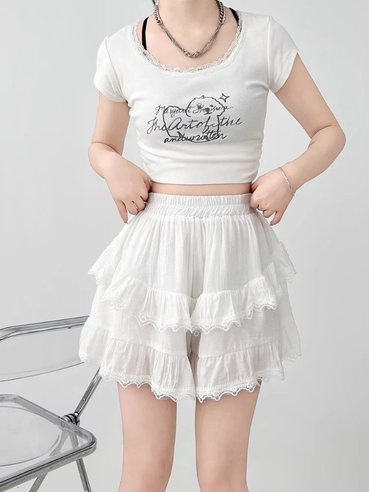 High Waist Patchwork Lace Irregular A-line Preppy Style Mini Skirt Mssza