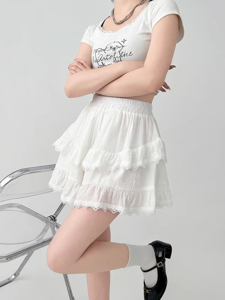 High Waist Patchwork Lace Irregular A-line Preppy Style Mini Skirt Mssza