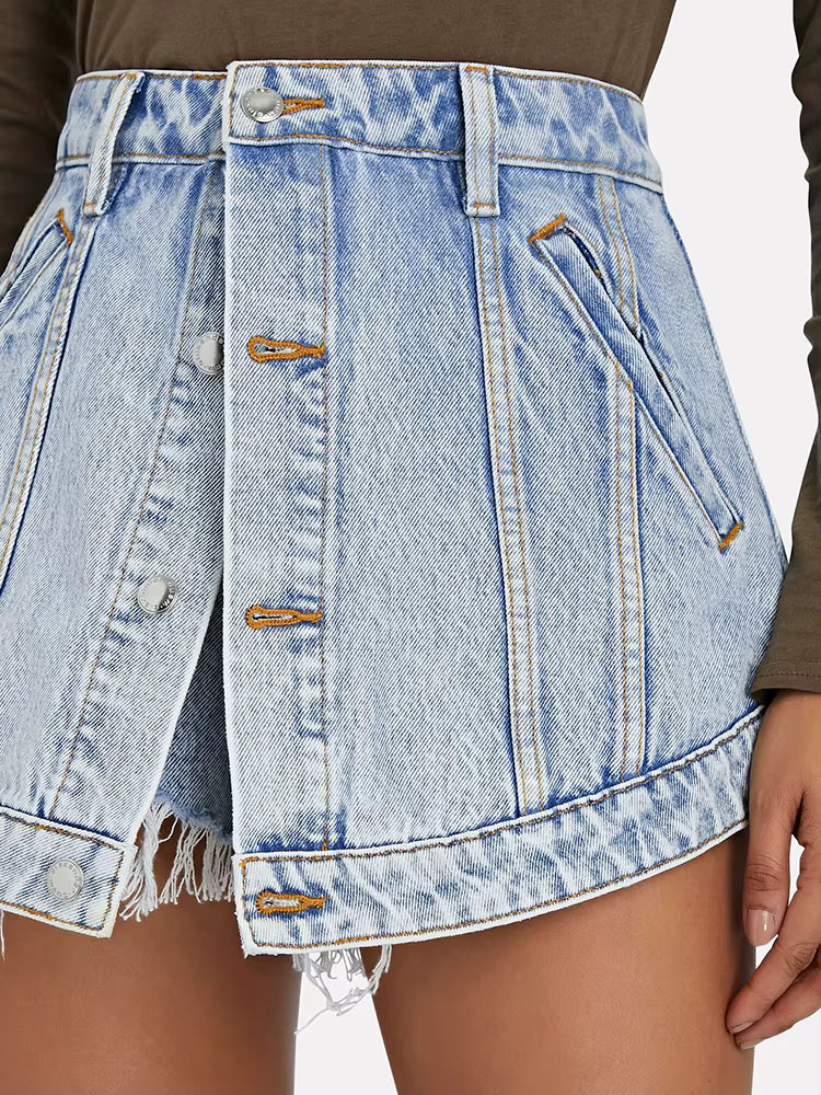 High Waist Patchwork Single Breasted Solid Slimming Denim Short Streetwear Mssza