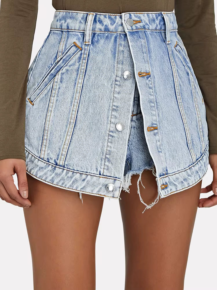 High Waist Patchwork Single Breasted Solid Slimming Denim Short Streetwear Mssza
