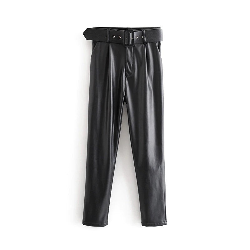 High Waist Pockets PU Faux Leather Pants Mssza